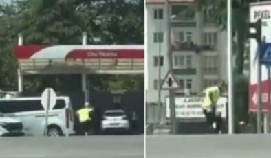 Kargalar trafik polisine saldırdı! Ekip otosuna binip kurtuldu